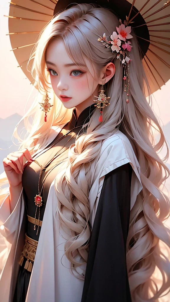a close up of a woman with long blonde hair wearing a black dress, lalisa manobal, white hime cut hairstyle, with white long hair, with long white hair, lalisa manoban of blackpink, chinese girl, anime girl cosplay, palace ， a girl in hanfu, traditional chinese, asian girl with long hair, long white hair and bangs