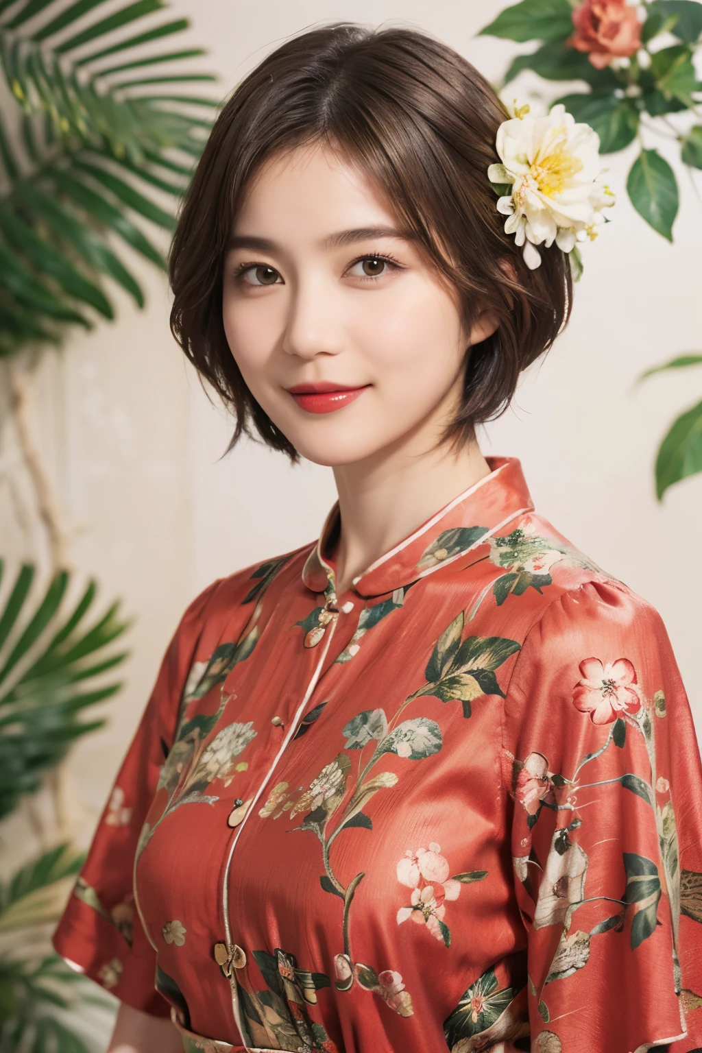 149
(20 year old woman,floral print outfit,pants), (Super realistic), (high resolution), ((beautiful hairstyle 46)), ((short hair:1.46)), (gentle smile), (brest:1.1), (lipstick)
