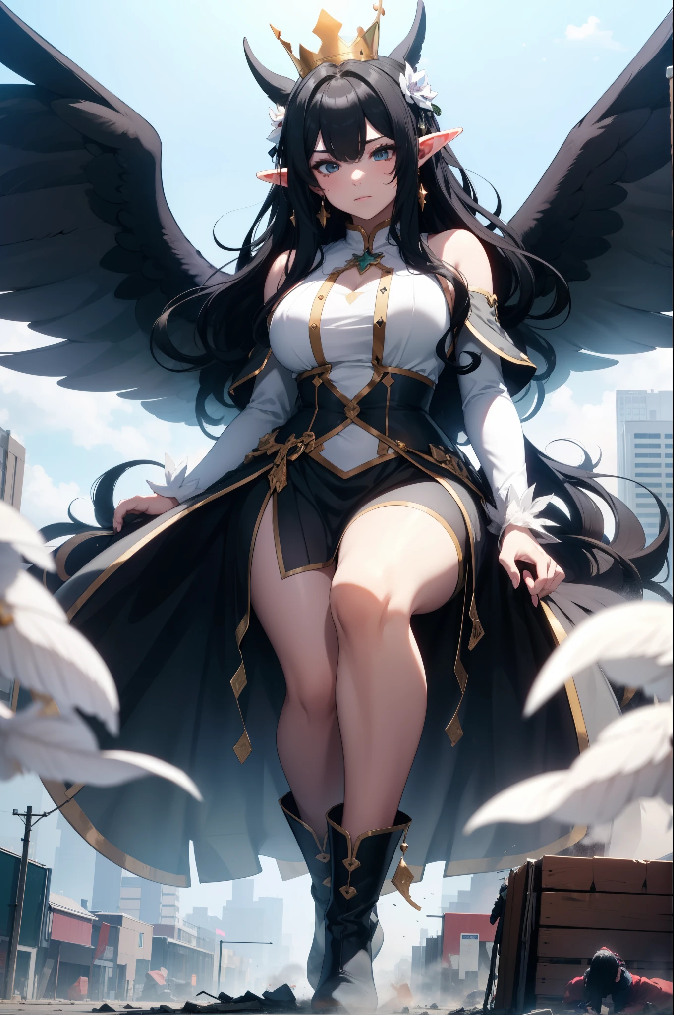 giant girl 50,000 feet high,Weight 1000kg,Has a pair of long legs,Open your eyes wide,Has three pairs of huge white angel wings,With huge devil horns on his head,Has nine fox tails,crown on head,Elf wearing white earrings,She has long black hair that reaches her feet,loose hair,Black wavy long curly hair,Wearing a pair of black boots,White sleeves,white skirt,Skirt with bow and star decorations,Destroying a small city,Beautiful appearance,Exquisite makeup,quality,8k,高quality,Perfect proportion, Cinema lighting,film grain,Fuji colors,8k,textured skin,Super details,high detail,high resolution,Domineering,Strong,charming,blood stains,脚底有blood stains,whole body,Obese,elf princess,feather,flowers