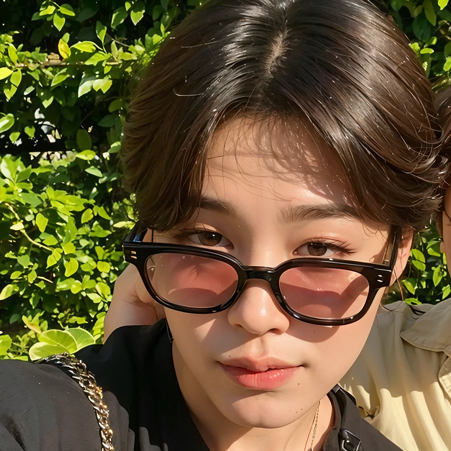 There's a woman and a man taking a selfie together, park Jimin, Jimin\the full lips, Jimin\the right eyelid is swollen, Jung Jaehyun, Jimin, Jimin\o nariz grego, accurate Jimin face, Kim Doyoung, taejune kim, with sunglasses, hyung tae, Jinyoung Shin, Hong junho hyung, com cabelo curto