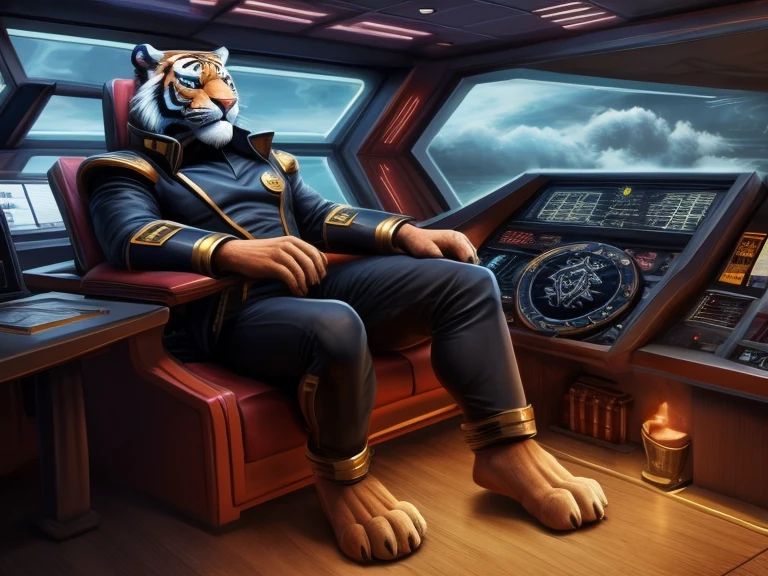 The barefoot white male tiger exudes confidence and authority as he sits in the captain's chair, and his red and black Star Trek Voyger uniform with the Starfleet Delta badge on his chest is a perfect match for his full figure. Handsome large clawed paws dominate the bridge of the ship and its crew. Long black pants and red and black shirt.