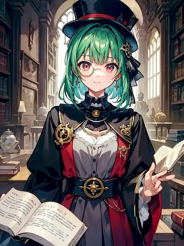 （（（masterpiece、Highest image quality、highest quality、highly detailed unity 8ｋwallpaper）））、（（Illustration of one girl、upper body））、（（（beautiful girl）））、（librarian）、（Emerald green hair、sidelocks：1.2、red eyes、crazy smile）、（（（flat chest）））、（（（monocle）））、pocket watch、（（（Black top hat、Black tuxedo）））、great medieval library、Large amount of books