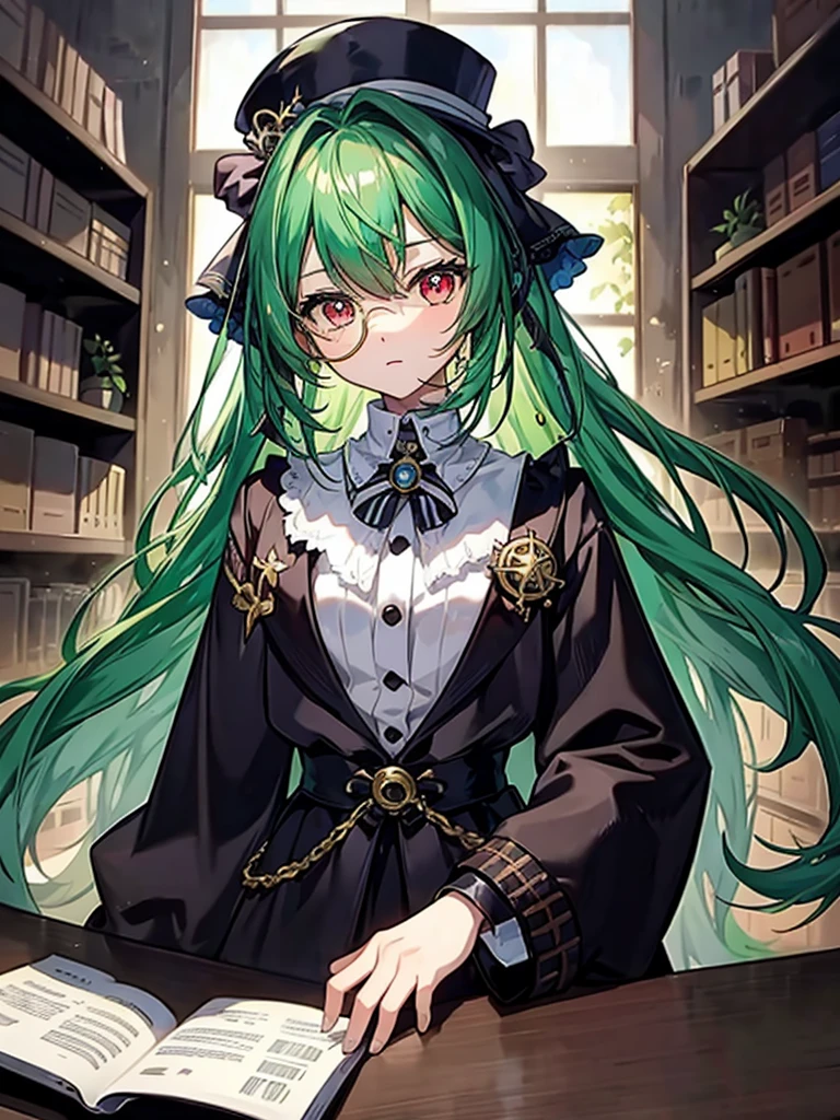 （（（masterpiece、Highest image quality、highest quality、highly detailed unity 8ｋwallpaper）））、（（Illustration of one girl、upper body））、（（（beautiful girl）））、（librarian）、（Emerald green hair、sidelocks：1.2、red eyes、crazy smile）、（（（flat chest）））、（（（monocle）））、pocket watch、（（（Black top hat、Black tuxedo）））、great medieval library、Large amount of books