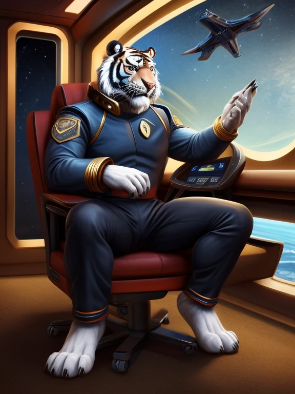 The barefoot white male tiger exudes confidence and authority as he sits in the captain's chair, and his red and black Star Trek Voyger uniform with the Starfleet Delta badge on his chest is a perfect match for his full figure. Handsome large clawed paws dominate the bridge of the ship and its crew. Long black pants and red and black shirt.
