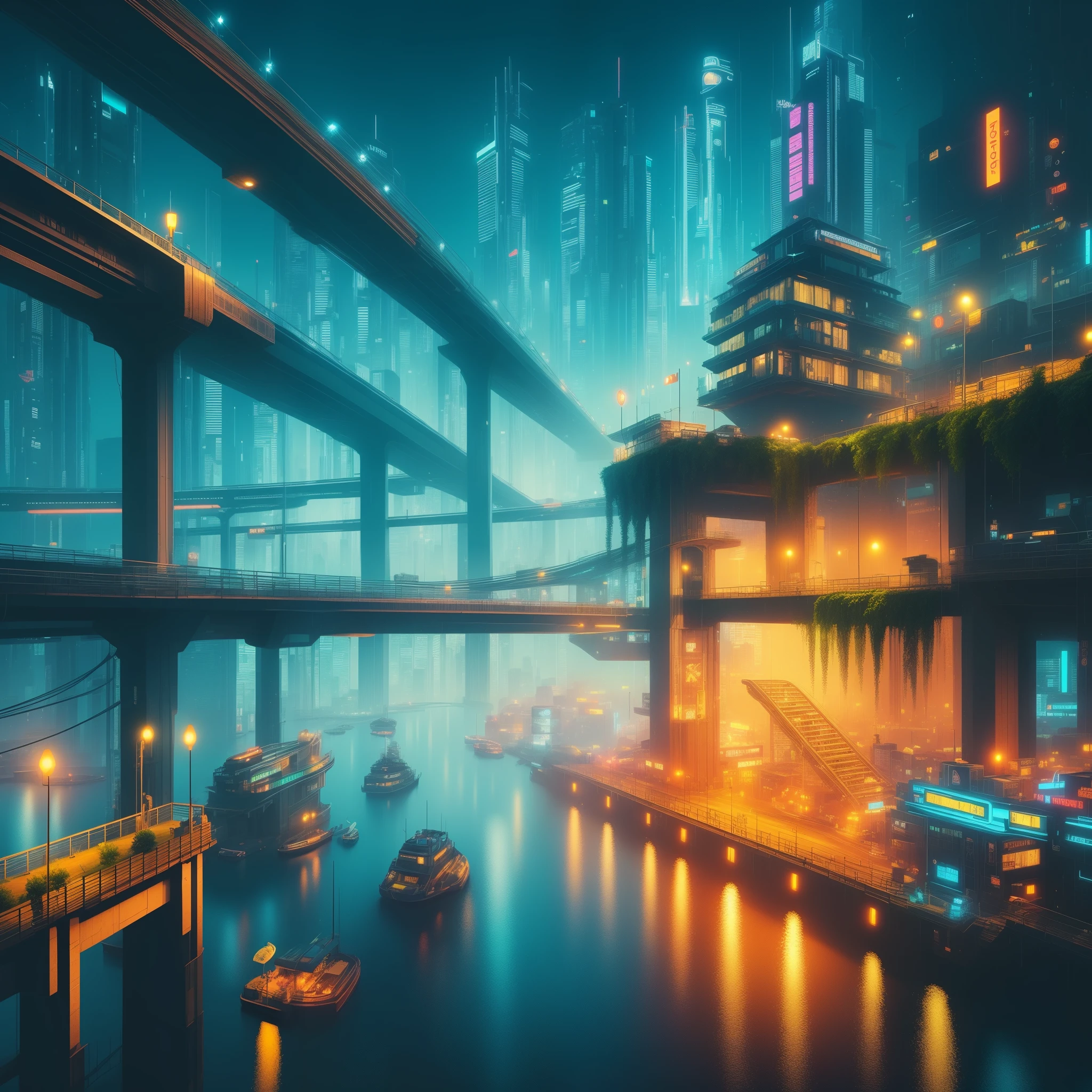 a view of a city at night with a bridge and boats, by Mike "Beeple" Winkelmann, by Beeple, cyberpunk dreamscape, inspired by Mike "Beeple" Winkelmann, 3 d render beeple, in style of beeple, beautiful cyberpunk city, beeple daily art, hyper realistic cyberpunk city