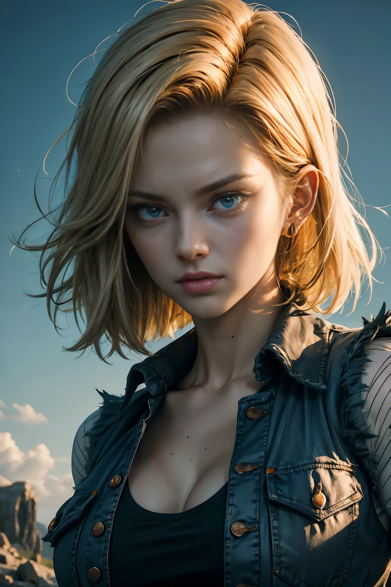 ((最high quality, 8K, masterpiece: 1.3, Ultra HD, high quality, 最high quality, High resolution, realism)), sharp focus: 1.2, Dragon Ball android 18 lying on the ground in an apocalyptic landscape, Eva Elfie's face, luminism, Tear thin white long sleeves with black stripe print, Jeans vest and tattered unbuttoned jeans, Beautiful woman with perfect body with 9 heads, photorealistic perfect body, slim body shape, thin abs, Sexy bumps with big, uneven chest: 1.5, Emphasis on cleavage, Scary face projection, golden yellow hair, Highly detailed face and skin texture, fine eyes, high detail, anatomically correct, portrait photography: 1.5, blurred background, Orange and teal, More about Soft Focus, natural blur,