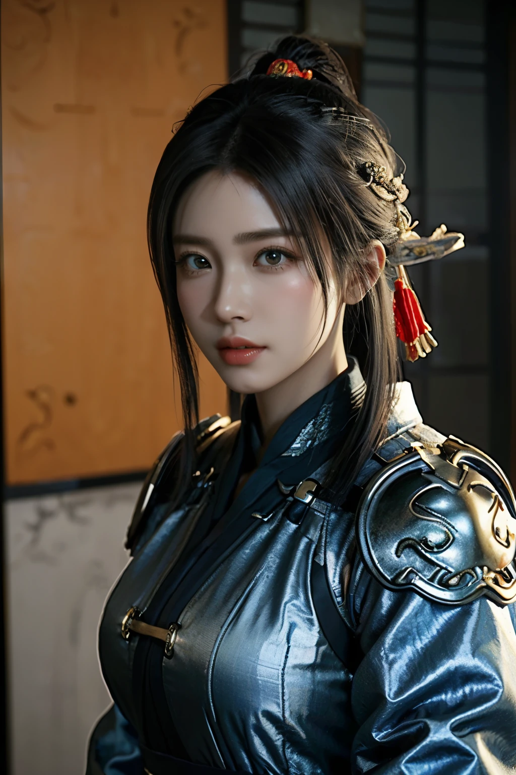 Game art，The best picture quality，Highest resolution，8K，(A bust photograph)，(Portrait from bust:1.5)，(Head close-up)，(Rule of thirds)，Unreal Engine 5 rendering works， (The Girl of the Future)，(Female Warrior)， 
20岁少女，(The warrior in ancient China)，An eye rich in detail，(Big breasts)，优雅高贵，冷漠，(Brave)，
(The costume of Chinese swordsman elements，Costumes of ancient Chinese characters，A random pattern of clothing，Ribbon，Joint Armor，Rich dress details)，(Chinese Hanfu:1.3)，人物，奇幻风格，
拍照姿势，野外背景，Movie lights，Ray tracing，Game CG，((3D Unreal Engine))，oc渲染反射纹