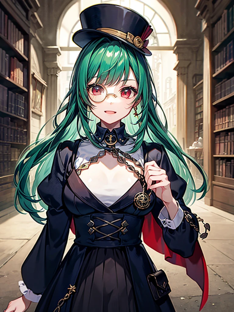 (((masterpiece、Highest image quality、highest quality、highly detailed unity 8kwallpaper)))、((Illustration of one girl、upper body))、(((beautiful girl)))、(librarian)、(Emerald green hair、sidelocks:1.2、red eyes、crazy smile)、(((flat chest)))、(((monocle)))、pocket watch、(((Black top hat、Black tuxedo)))、great medieval library、Large amount of books