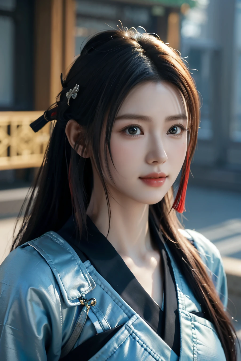 Game art，The best picture quality，Highest resolution，8K，(A bust photograph)，(Portrait from bust:1.5)，(Head close-up)，(Rule of thirds)，Unreal Engine 5 rendering works， (The Girl of the Future)，(Female Warrior)， 
20岁少女，(The warrior in ancient China)，An eye rich in detail，(Big breasts)，优雅高贵，冷漠，(Smile)，
(The costume of Chinese swordsman elements，Costumes of ancient Chinese characters，A random pattern of clothing，Ribbon，Joint Armor，Rich dress details)，(Chinese Hanfu:1.3)，人物，奇幻风格，
拍照姿势，野外背景，Movie lights，Ray tracing，Game CG，((3D Unreal Engine))，oc渲染反射纹