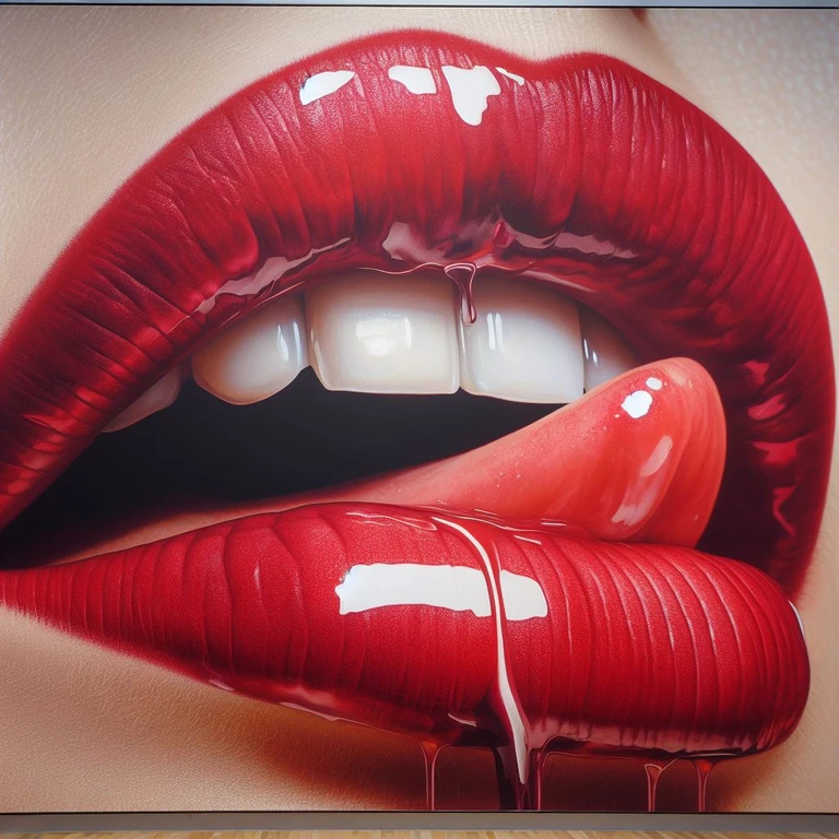 painting of a red lip with a big bite coming out of it, sensual lips, red mouth, delicious lips, big Red lips, Glossy lips, nestor canavarro hyperrealist, thick lips, large lips, realistic mouth, Red lips, detailed mouth, ultra realistic painting, ultra - realistic painting, hyperrealistic painting, thick Red lips, hyperrealistic art.

