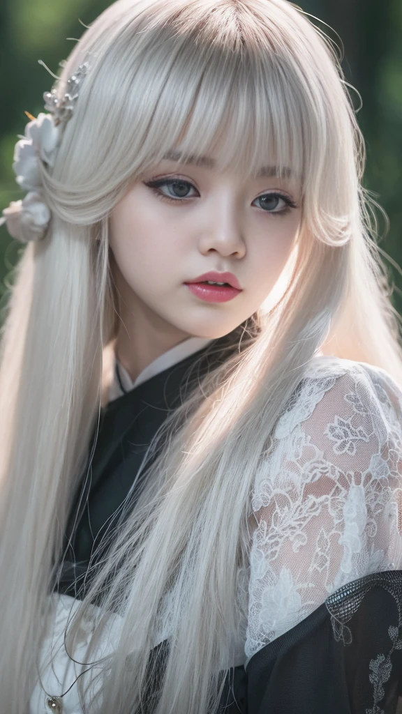 a close up of a woman with long blonde hair wearing a black dress, lalisa manobal, white hime cut hairstyle, with white long hair, with long white hair, lalisa manoban of blackpink, chinese girl, anime girl cosplay, palace ， a girl in hanfu, traditional chinese, asian girl with long hair, long white hair and bangs