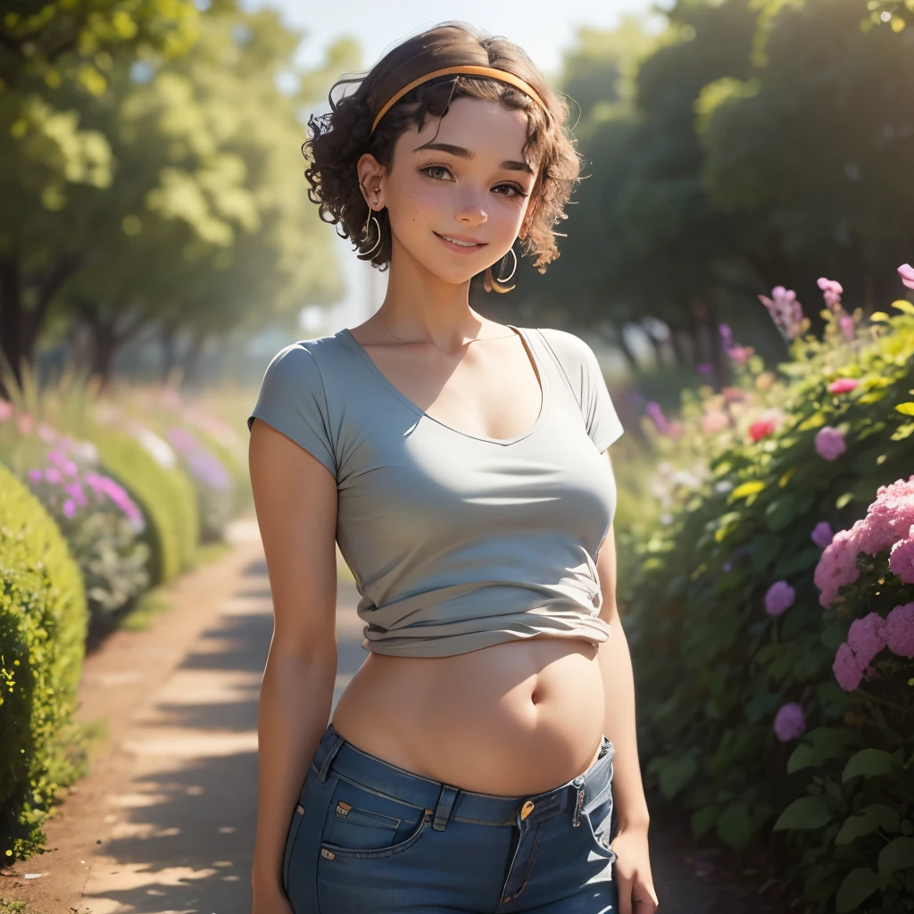 Full-body image, Girl with curly short brown hair, headband, pierced ears, earrings, freckles, tan skin, smiling, small breasts, garden background, gray shirt and jeans, green eyes, teenager, looking away from the camera, very pregnant, short, young