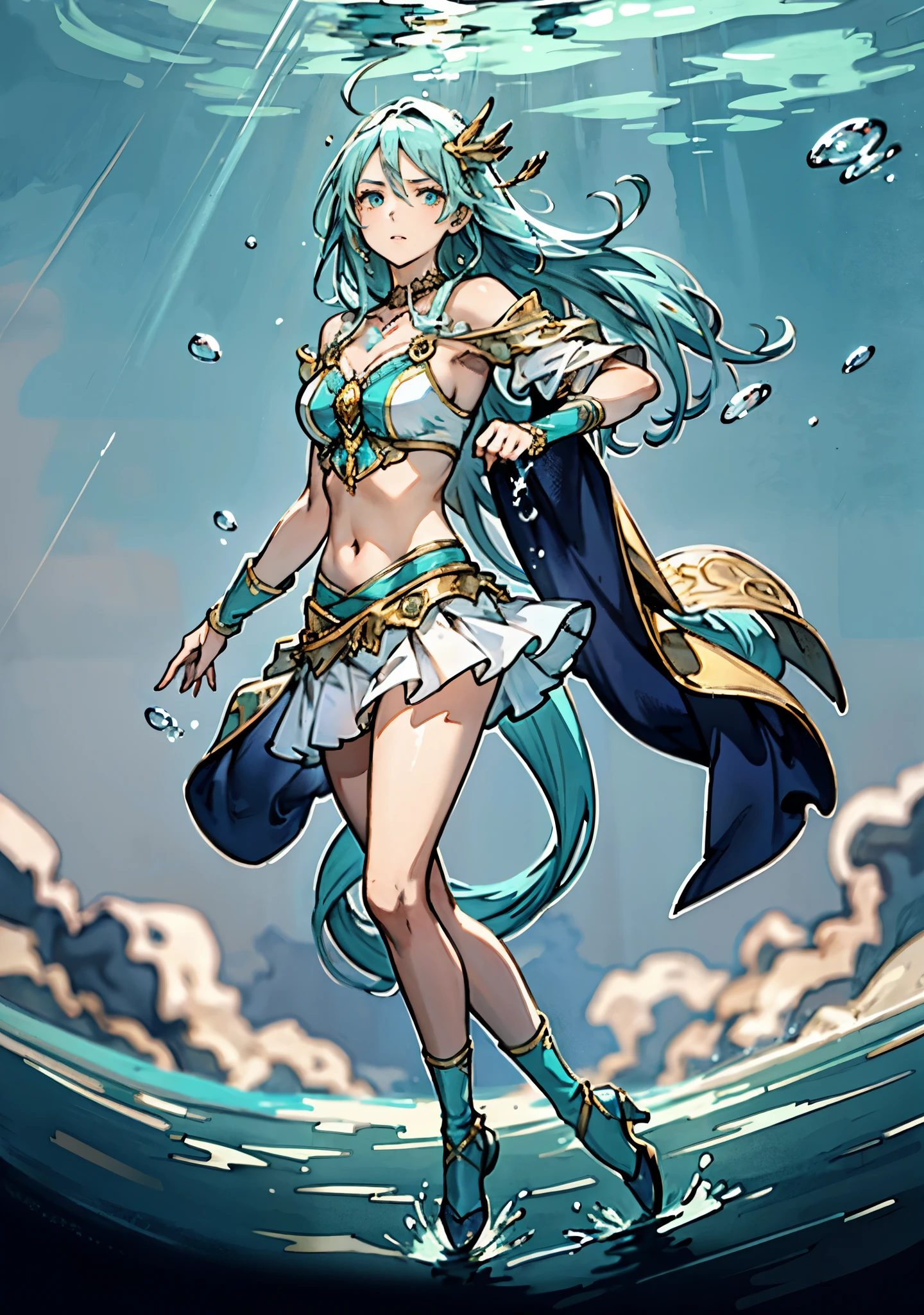 Exquisite and beautiful work，Best quality，HD eyes，Detailed line art，The eyes of the stars，Angry expression，Light blue eyes，A girl with long light blue hair，Barefoot，Show your thighs，Thigh tattoo，Translucent cape，Feather crown，crown，Magical girl，Showing belly，Show your belly button，Not wearing pants，White lace，Not Wearing Skirt，Disdainful look，Lower chest，Not Wearing Clothes，Not Wearing