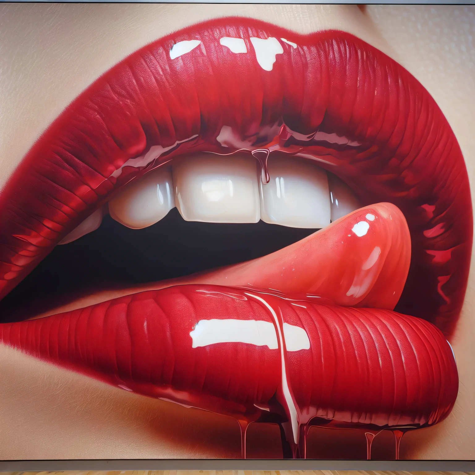 painting of a red lip with a big bite coming out of it, sensual lips, boca vermelha, delicious lips, big Red lips, Glossy lips, Nestor Canavarro hiper-realista, thick lips, labios grandes, boca realista, Red lips, boca detalhada, pintura ultra realista, Ultra - pintura realista, pintura hiper-realista, thick Red lips, arte hiper-realista