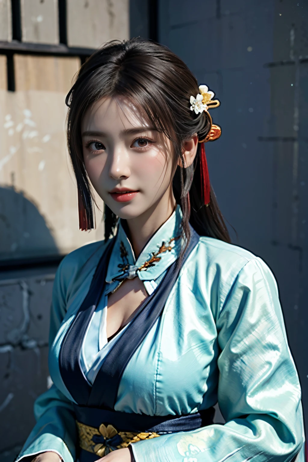 Game art，The best picture quality，Highest resolution，8K，(A bust photograph)，(Portrait from bust:1.5)，(Head close-up)，(Rule of thirds)，Unreal Engine 5 rendering works， (The Girl of the Future)，(Female Warrior)， 
20岁少女，(The warrior in ancient China)，An eye rich in detail，(Big breasts)，优雅高贵，冷漠，(Smile)，
(The costume of Chinese swordsman elements，Costumes of ancient Chinese characters，A random pattern of clothing，Ribbon，Joint Armor，Rich dress details)，(Chinese Hanfu:1.3)，人物，奇幻风格，
拍照姿势，野外背景，Movie lights，Ray tracing，Game CG，((3D Unreal Engine))，oc渲染反射纹