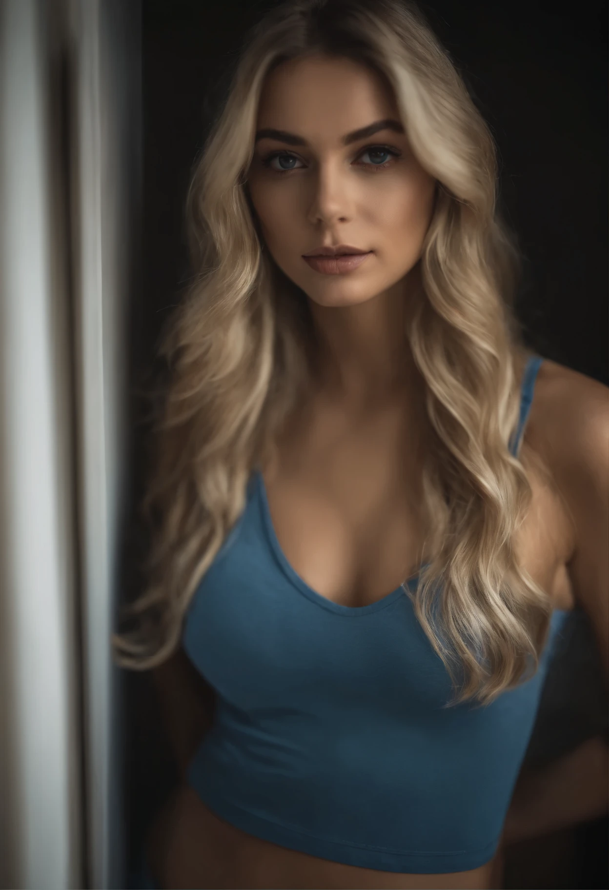 oman with matching tank top and panties, fille sexy aux yeux bleus, Portrait Sophie Mudd, Portrait de Corinna Kopf, cheveux blonds et grands yeux, selfie of a young woman, ohne Maquillage, maquillage naturel, Look directly into the camera, Visage avec Artgram, dezentes Maquillage, Superbe photo du corps entier, dans la chambre, gros seins, Blonde, Latin