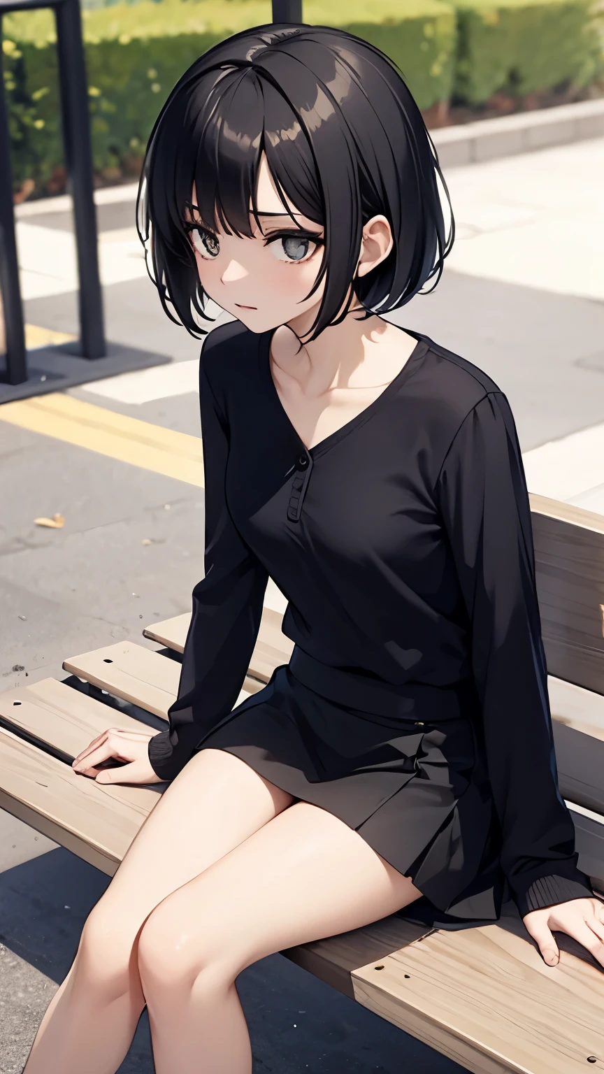 a girl，slim body，short black hair，JK，short skirt，Slender and full legs，sitting on park bench，Show her legs