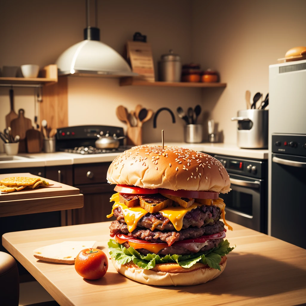 a huge juicy burger on the table in a bright kitchen without people