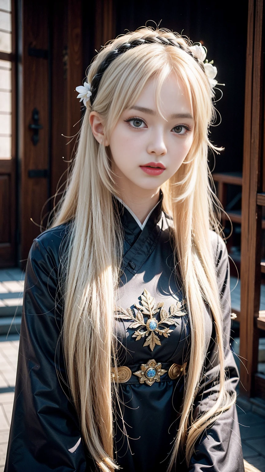 a close up of a woman with long blonde hair wearing a black dress, lalisa manobal, white hime cut hairstyle, with white long hair, with long white hair, lalisa manoban of blackpink, chinese girl, anime girl cosplay, palace ， a girl in hanfu, traditional chinese, asian girl with long hair, long white hair and bangs