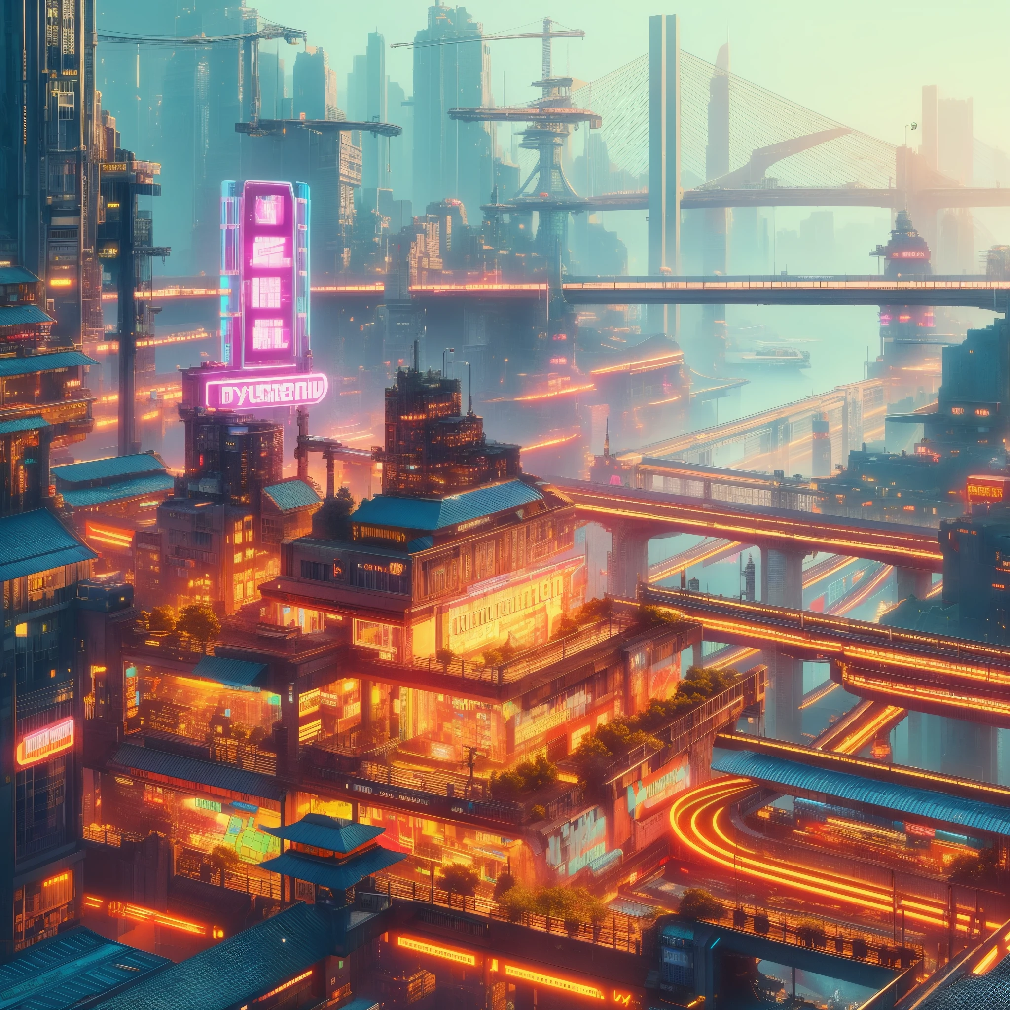 futuristic city with a neon sign and a bridge in the background, hyper realistic cyberpunk city, busy cyberpunk metropolis, cyberpunk dreamscape, cyberpunk metropolis, cyberpunk city, hyper-realistic cyberpunk style, inspired by Mike "Beeple" Winkelmann, cyberpunk in a cyberpunk city, beautiful cyberpunk city, in cyberpunk city, cyberpunk city landscape, cyberpunk cityscape