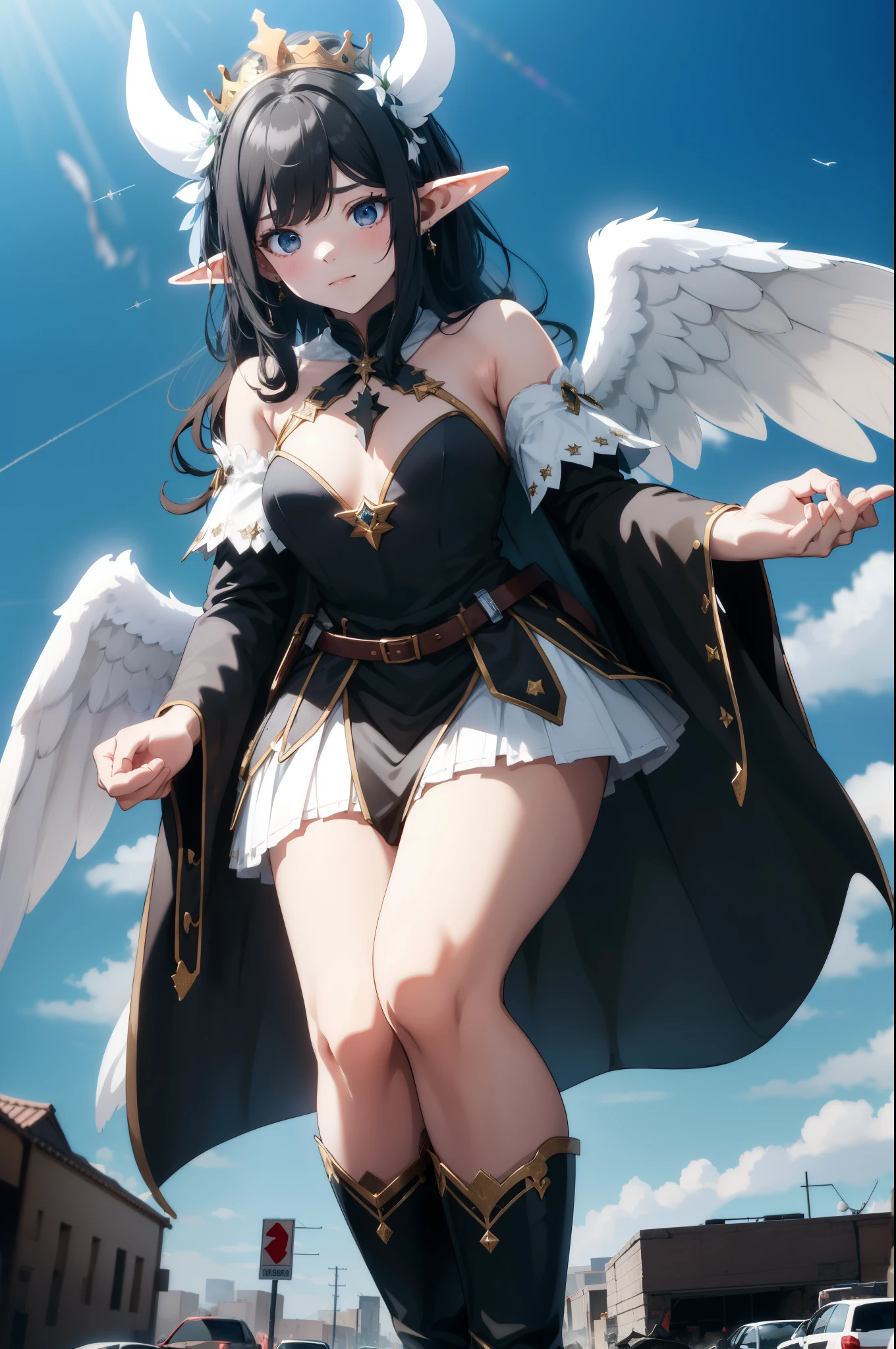 chica gigante 50,000 pies de altura,Peso 1000kg,He has a pair of huge pink angel wings.,Con enormes cuernos de diablo en la cabeza.,corona en la cabeza,Elfo con pendientes rosas,Tiene el pelo largo y rosado que le llega hasta los pies.,cabello suelto,Cabello largo y rizado ondulado rosa,Usando un par de botas rosas,Guantes de encaje rosa,Medias de encaje rosa,Medias con adornos de lazo y estrellas.,Pink lace Todo el cuerpo,Standing in a small town,hermosa apariencia,maquillaje exquisito,calidad,8k,quality,perfect proportion, cinema lighting,film grain,colores fuji,8k,Piel texturizada,super details,Alto detalle,high resolution,sonrisa falsa,manchas de sangre,Manchas de sangre on the soles of feet,Todo el cuerpo,Obeso,princesa elfa,pluma,flores,Sentado elegantemente en un edificio alto。