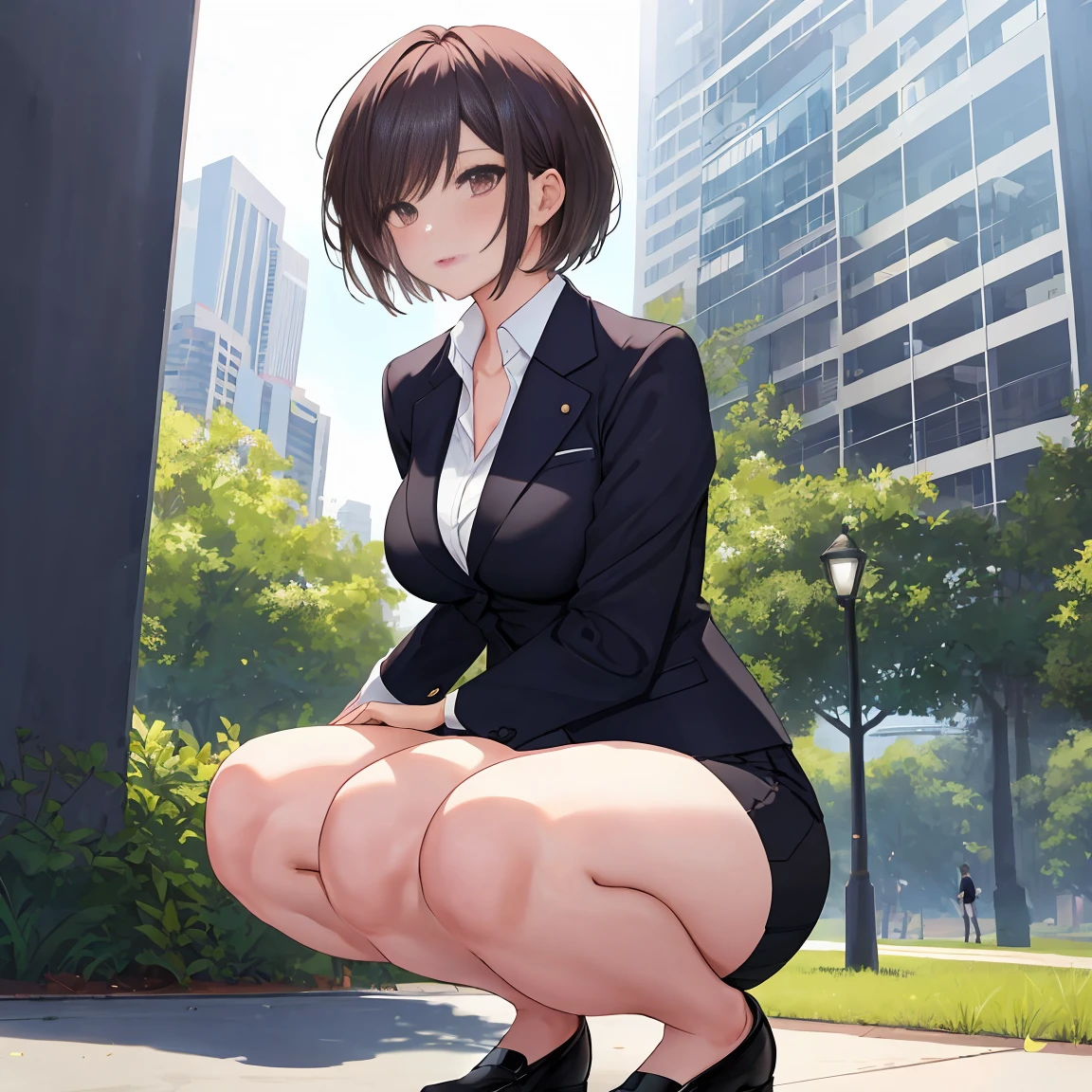 1 woman, at the park, short hair, slim, thighs, business suit, skirt, shorts, big breasts, ,perfect anatomy, shape, algorithm trends, squat , flom below,