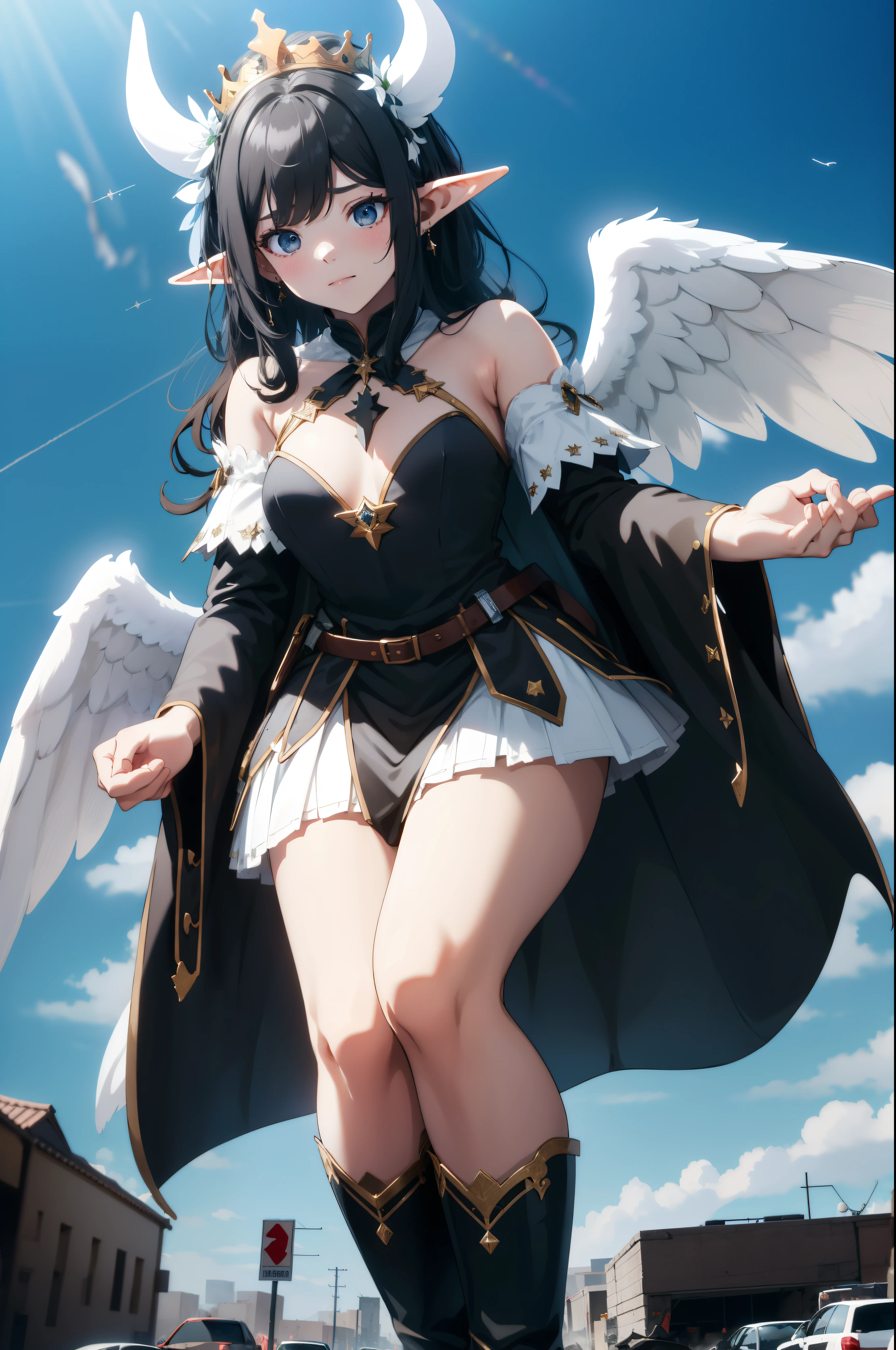 giant girl 50,000 feet high,Weight 1000kg,Have a pair of long legs,Keep your eyes open,Has three pairs of huge white angel wings,With huge devil horns on his head,wear a crown on your head,Elf wearing white earrings,She has long black hair that reaches her feet,loose hair,Black wavy long curly hair,Wearing a pair of black boots on her feet,white sleeves,white skirt,Bow and star embellished skirt,Destroy a small city,Beautiful appearance,Exquisite makeup,quality,8k,高quality,Perfect proportion, Cinema lighting,film grain,Fuji colors,8k,textured skin,Super details,high detail,high resolution,domineering,strong,charming,blood stains,脚底有blood stains,whole body,fat,elf princess,feather,flowers