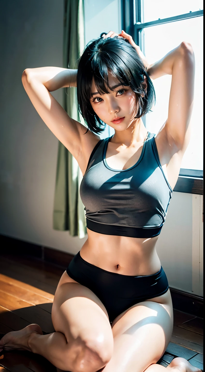 (high angle shot)、(((clothing:1.5)))、(((make sure you wear your clothes:1.5)))、((確実にclothing:1.5))、(((sports bra、dolphinshorts、spats)))、(((dynamic pose: 1.5、floor sitting、Agra:1.ga)))、gym、wooden floor、(best smile)、1 girl、solo、18-year-old、7 head and body、Ideal ratio body proportions、(Composition from head to thigh)、erect nipples、wet、short hair、black hair、With bangs、、slender、small butt、beautiful feet、skinny、surreal、cinematic lighting、Depth of bounds written、one person perspective、F/1.8、135mm、 nffsw、muste piece、correct、((anatomically correct))、textured skin、super detail、high detail、high quality、award-winning、最high quality、High resolution、8K、sweating、Lying down and stretching、