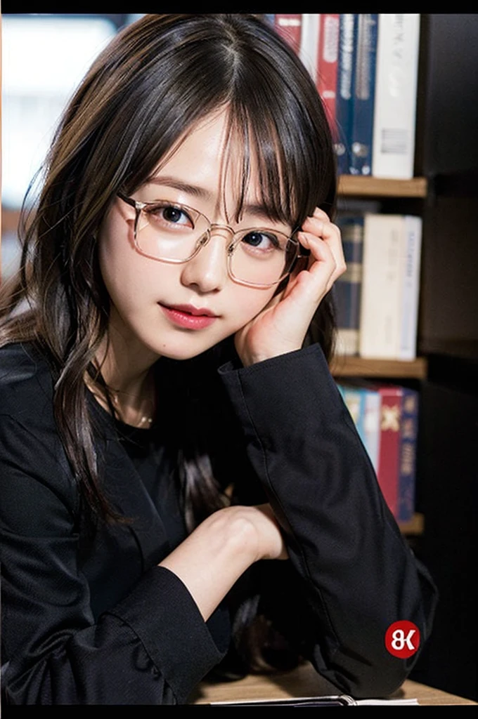 (8K、Raw photo、highest quality、masterpiece:1.2)、(realistic、Photoreal:1.37)、super detailed、Super high resolution、1 girl、29yo、see the beholder、beautiful and detailed face、smile、narrow、(slim waist) :1.3)、blazer、Beautiful and smooth skin、skin texture、floating hair、tied one's hair together、good shape big breasts、professional lighting、Autumn twilight、Library、(((Black square glasses )))、human body as a whole、black hair、((Shameful appearance))、Accept books、