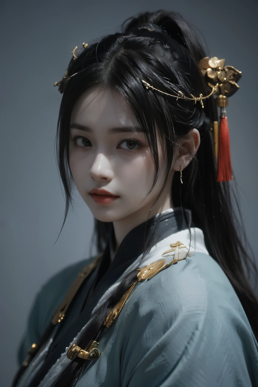 Game art，The best picture quality，Highest resolution，8K，(A bust photograph)，(Portrait from bust:1.5)，(Head close-up)，(Rule of thirds)，Unreal Engine 5 rendering works， (The Girl of the Future)，(Female Warrior)， 
20岁少女，(The warrior in ancient China)，An eye rich in detail，(Big breasts)，优雅高贵，冷漠，(Smile)，
(The costume of Chinese swordsman elements，Costumes of ancient Chinese characters，A random pattern of clothing，Ribbon，Joint Armor，Rich dress details)，(Chinese Hanfu:1.3)，人物，奇幻风格，
拍照姿势，野外背景，Movie lights，Ray tracing，Game CG，((3D Unreal Engine))，oc渲染反射纹