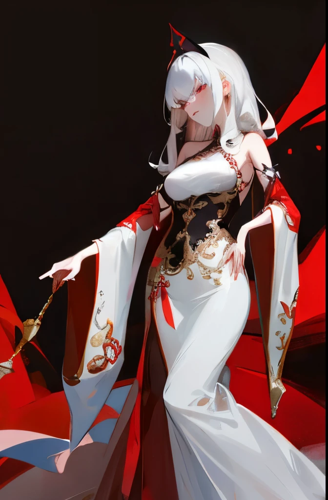 Masterpiece, Top Quality, Chinese Fairy, 1 Girl \(Loli\) and Iris Red Dragon,((Chinese Dragon glaring at the girl)),Dark gray background, Masterpiece, Best quality, High quality,(Dark shapeless creature with dark red glow and red eyes and surrounded by darkness:1.2), (in profile), (Darkness:1.2), Abstraction, Deep Sea, Award-winning photography, Depth of field, HDR, Very detailed, Trending in Art Station, Trending in CGsociety, Complex, High Detail,(Masterpiece: 1.2, Best Quality)(Best Lighting, Very Delicate and Beautiful)(Best Lighting, Very Delicate and Beautiful)(Beautiful Detailed Face)(Detailed Eyes and Detailed Face:1.2), (Young Girl, Little Beast, 1girl, Solo, Crazy Smile, Pale Skin,G Cup,Cleavage, 19 piercings,((tattoos all over the body,tribal tattoos all over the legs)) white hair, glowing red eyes, dynamic angle, vampires, pointy_ears,(depth of field),high contrast,cowboy shot,full body, (((Chinese kimono))),punk costumes,