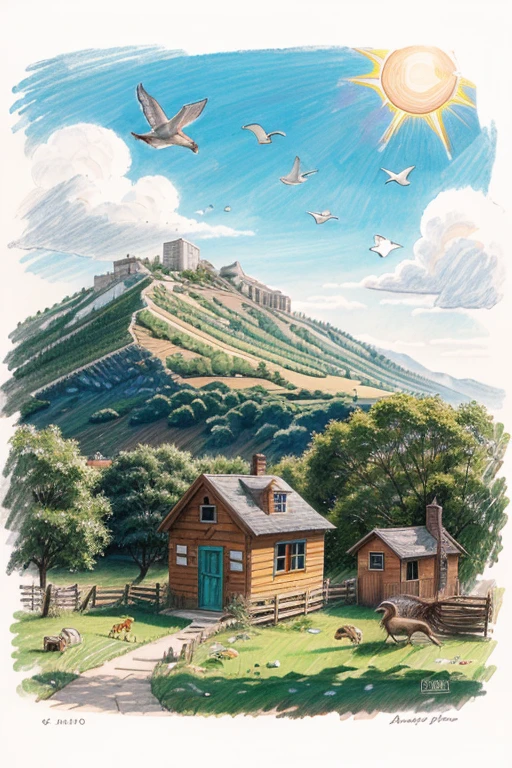 Naive children's drawing with colored chalk on white paper, made by hand by a , mountain ,sun, birds and a house, isolated on white background