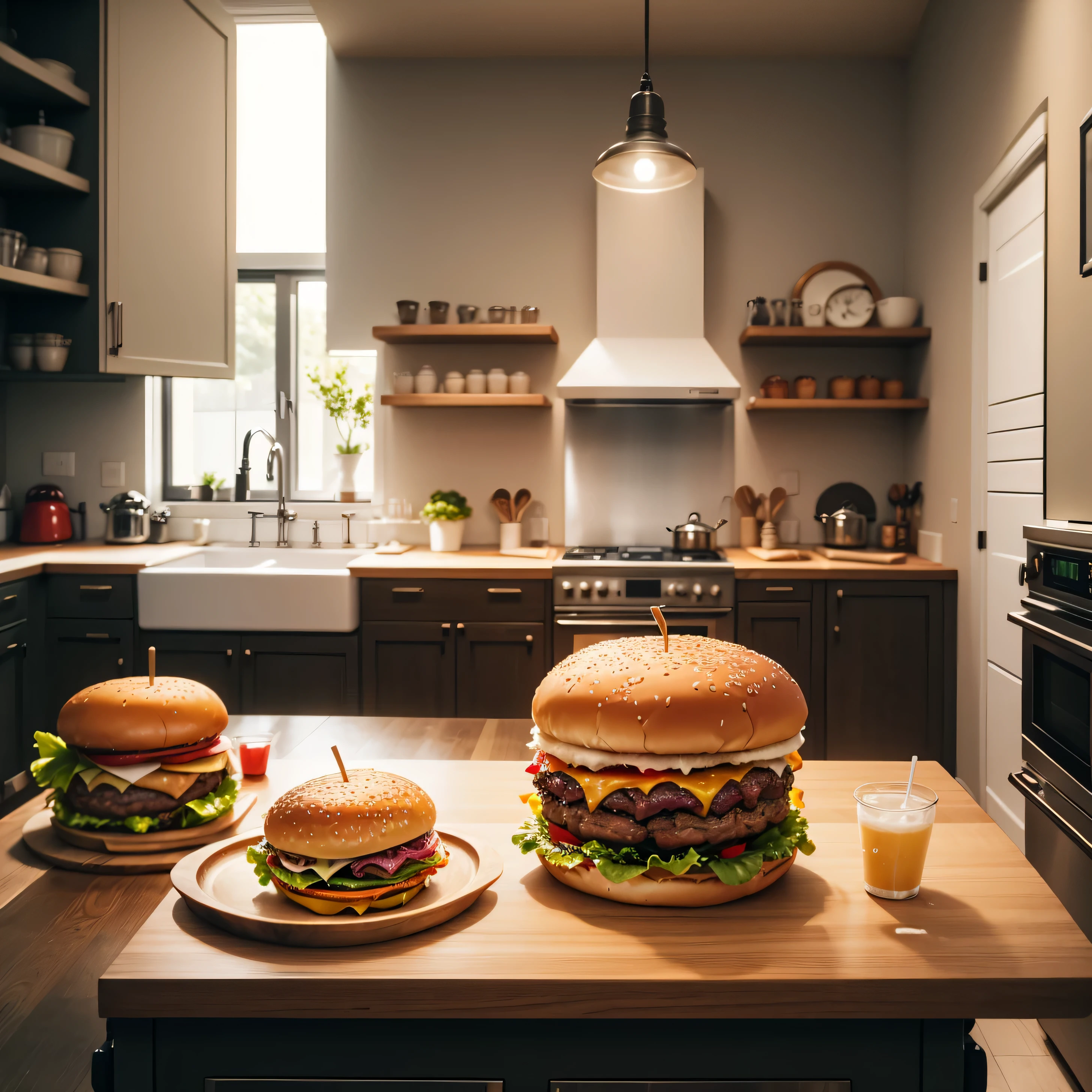 a huge juicy burger on the table in a bright kitchen without people