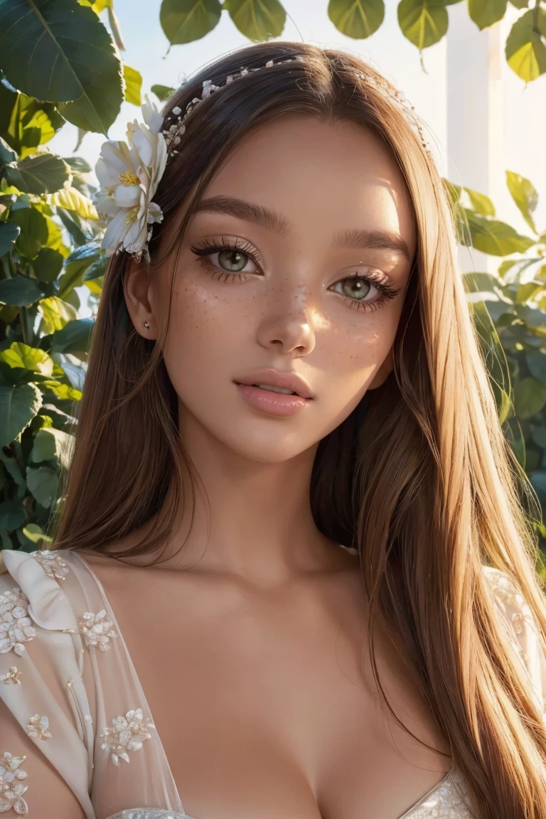 (high quality,4k,8k,highres,masterpiece:1.2),beautiful detailed eyes,beautiful detailed lips,extremely detailed eyes and face,longeyelashes,(portrait:1.1),gorgeous,smiling,stylish,ethereal,enchanted,fantasy,floral,dreamy,beautiful garden setting,soft sunlight,romantic atmosphere,whimsical,immaculate flowing hair,vibrant colors,feminine,posh dressing,loving gaze,delicate features,gentle,graceful,happiness,[freckles],charming,wonderful,carefree,perfect skin complexion,divine presence