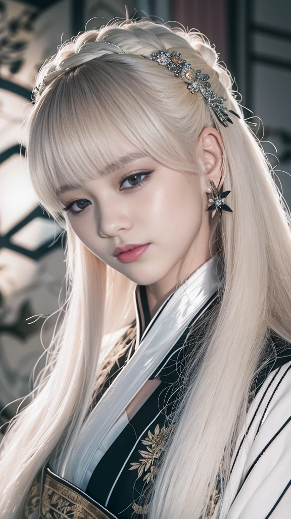 a close up of a woman with long blonde hair wearing a black dress, lalisa manobal, white hime cut hairstyle, with white long hair, with long white hair, lalisa manoban of blackpink, chinese girl, anime girl cosplay, palace ， a girl in hanfu, traditional chinese, asian girl with long hair, long white hair and bangs