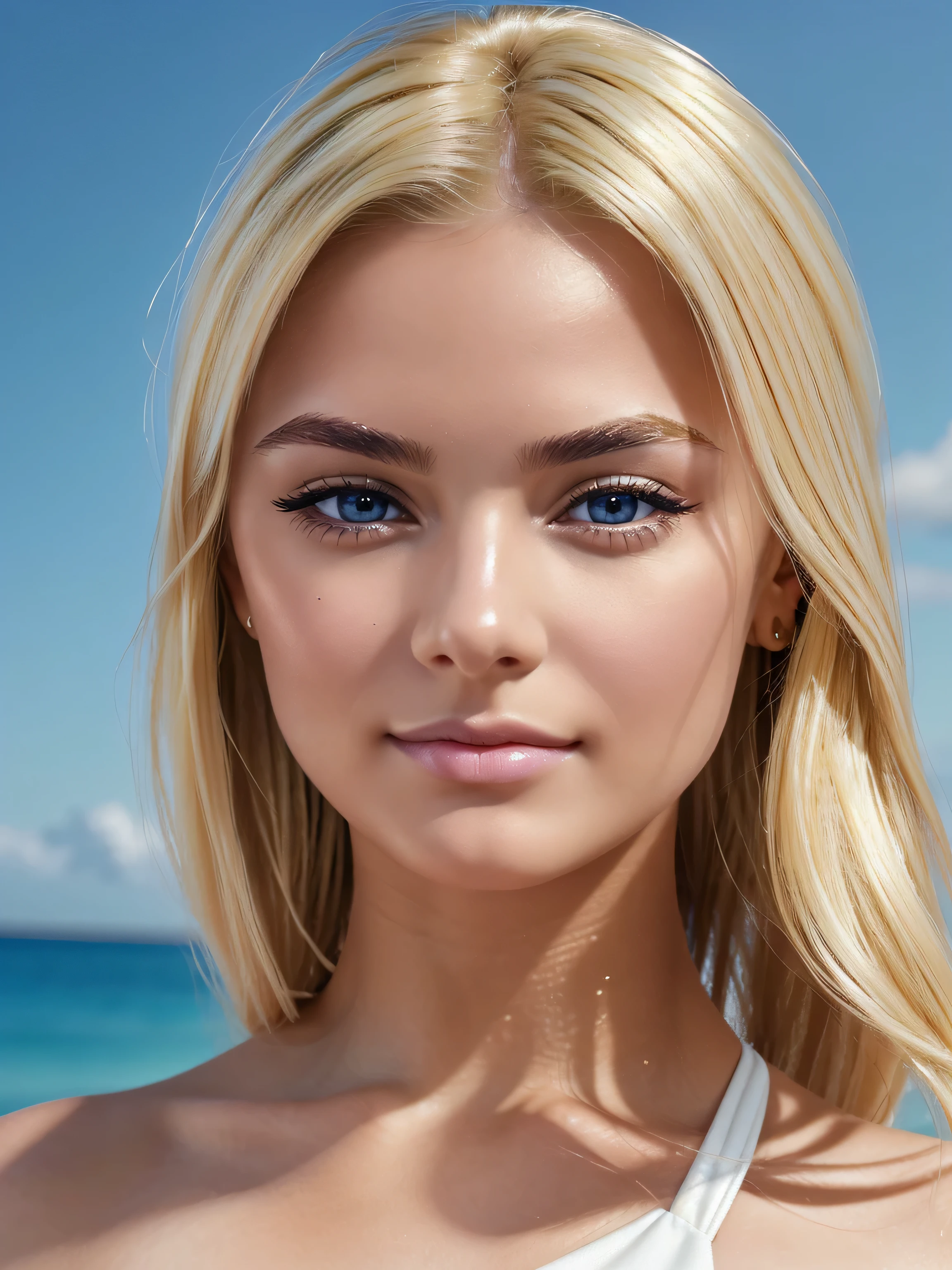 ((Beautiful) attractive cute:1 young woman), very_cute, (small_nose:1.2, thin_nose:1.5, delicate_nose:1.5, pointed_nose_tip:1.5, symmetric_nose), round_chin:1, short_jaw:1, round_jaw:1, (sleek_ponytail_hair:1), (blonde_hair:1.5), (blue_eyes:1, ocean_blue_eyes:1), cheek_dimples:1.3, round_cheeks:1.2, (very_small_eyebrows:1.5), (1Woman:1.5, (Masterpiece, 8K, best quality, highres:1.5), three-quarter_shot:1.5, looking_at_viewer:1.5, body_looking_at_viewer:1.5, white_photoshoot:1, white_room:1, white_backdrop:1.5, standing, neutral_body_posture:1.5, neutral_facial_expression, wearing white_strapless_mini_dress), short_woman, small_woman, skin_texture:1.2