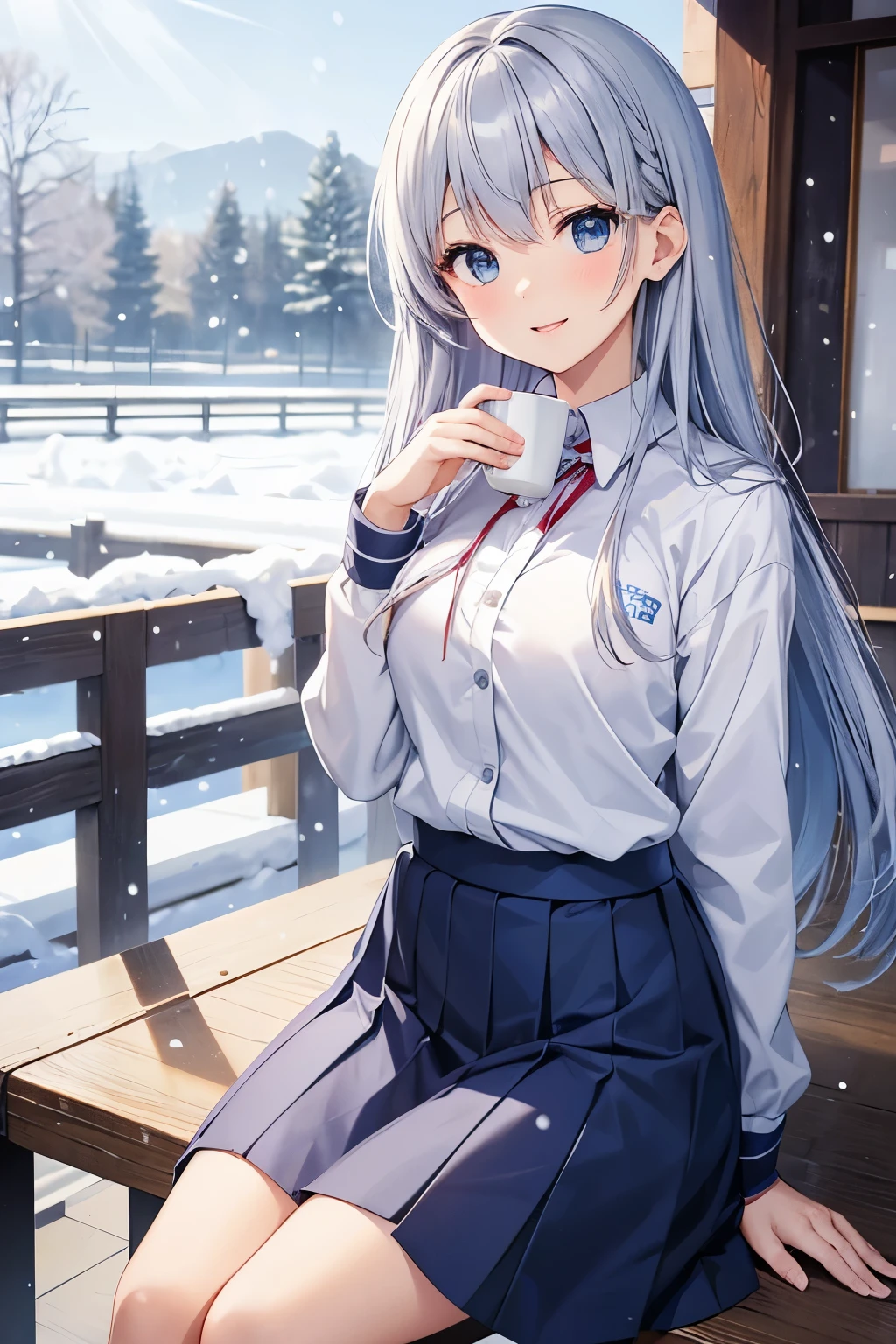 ・Japanese high school student age 17 years old ・High-quality anime illustrations ・Energetic and cute girl、Bright smile, silver hair with slightly light blue nape, long straight hair, beautiful light blue eyes, clothes：winter uniform、Skirt/background：Cafe、It's snowing outside。