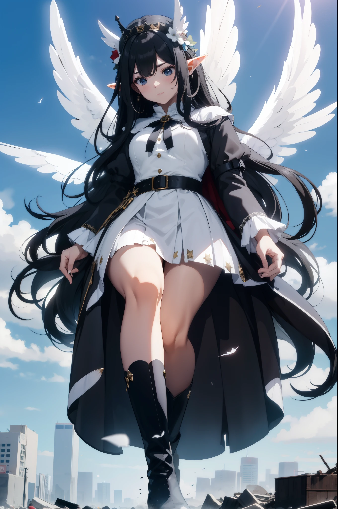 giant girl 50,000 feet high，Weight 1000kg，Has a pair of long legs，Open your eyes wide，Has three pairs of huge white angel wings，With huge devil horns on his head，crown on head，Elf wearing white earrings，She has long black hair that reaches her feet，loose hair，Black wavy long curly hair，Wearing a pair of black boots，White sleeves，white skirt，Skirt with bow and star decorations，Destroying a small city，Beautiful appearance，Exquisite makeup，quality，8k，高quality，Perfect proportion, Cinema lighting，film grain，Fuji colors，8k，textured skin，Super details，high detail，high resolution，Domineering，Strong，charming，blood stains，脚底有blood stains，whole body，Obese，elf princess，feather，flowers