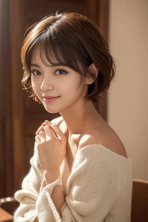 ((highest quality、best image quality、ultra high resolution、Drawn in ultra-high definition、alone、look closely at the camera))、1 girl、realistic、Depth of written boundary、natural soft light、Echiechi, Constricted body, 30 years old, beautiful and detailed eyes, short bob hair, highest quality, masterpiece, Layer Bob Hair, Moist eyes, pixie cut, great pose, brown eyes, smile, perfect fingers、perfect hands、perfect body、perfect face, perfect anatomy, glossy lips, natural makeup, small ass, professional lighting, cowboy shot, self snap, spring, Bell Sleeve Sweater, simple background, Hotel, beautiful decolletage,