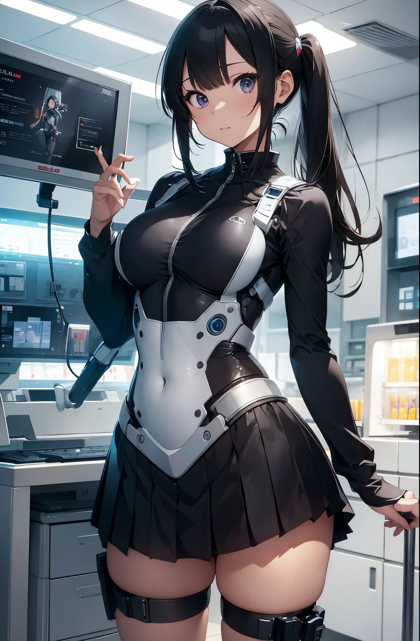 masterpiece, best quality, extremely detailed, (8K, 4K, Best Quality, hight resolution, 超A high resolution:1.1), Japaese Cyborg girl,Plump , control panels,android,Droid,Mechanical Hand, Robot arms and legs, Black Robot Parts,Black hair,Mechanical body,Blunt bangs,future information counter,mechanical body, mechanical costume,android,robot,humanoid,cyborg,information office,japanese android receptionist,Black hair,Mechanical body,Blunt bangs,She is powered by electricity,access panel on the chest,miniskirt,dress shirts,beige pantyhose,perfect robot girl,robot receptionist,robot concierge,She is in information counter,