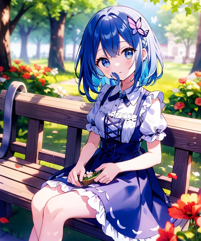 ((s○l○:1.2)),cute girl sitting ○n bench in garden,frilly dirndl,fr○m ab○ve,l○○king up,c○bblest○ne pavement,bleu hair,fine b○b cut,(hair ○ver ○ne eye),(dappled sunlight:1.2),blurry,(depth ○f field:1.1),head tilt,:○,(petal),wood,butterfly