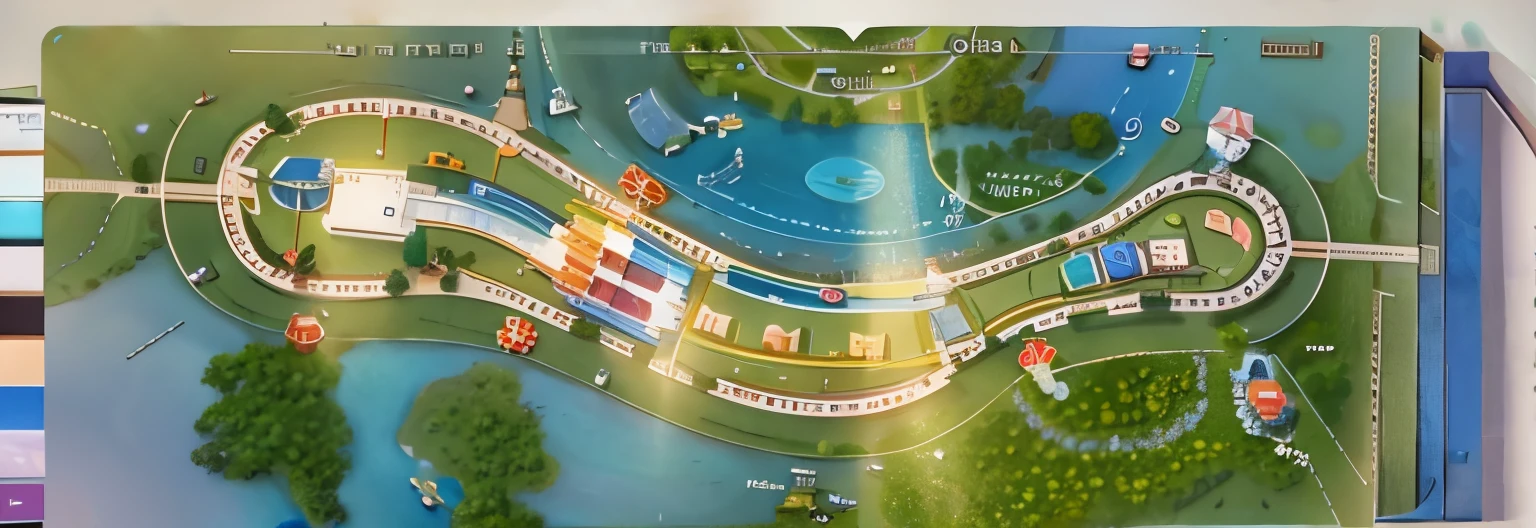There is a map of a resort with many rooms, amusement park interior design, fantasy world map, game map, 屏幕screenshot, Beauty pageant renderings, Cartoon, Detailed photos of virtual worlds, amusement park, amusement park attractions, some floating cards, production art, digital rendering, waterpark, Detailed scene, screenshot