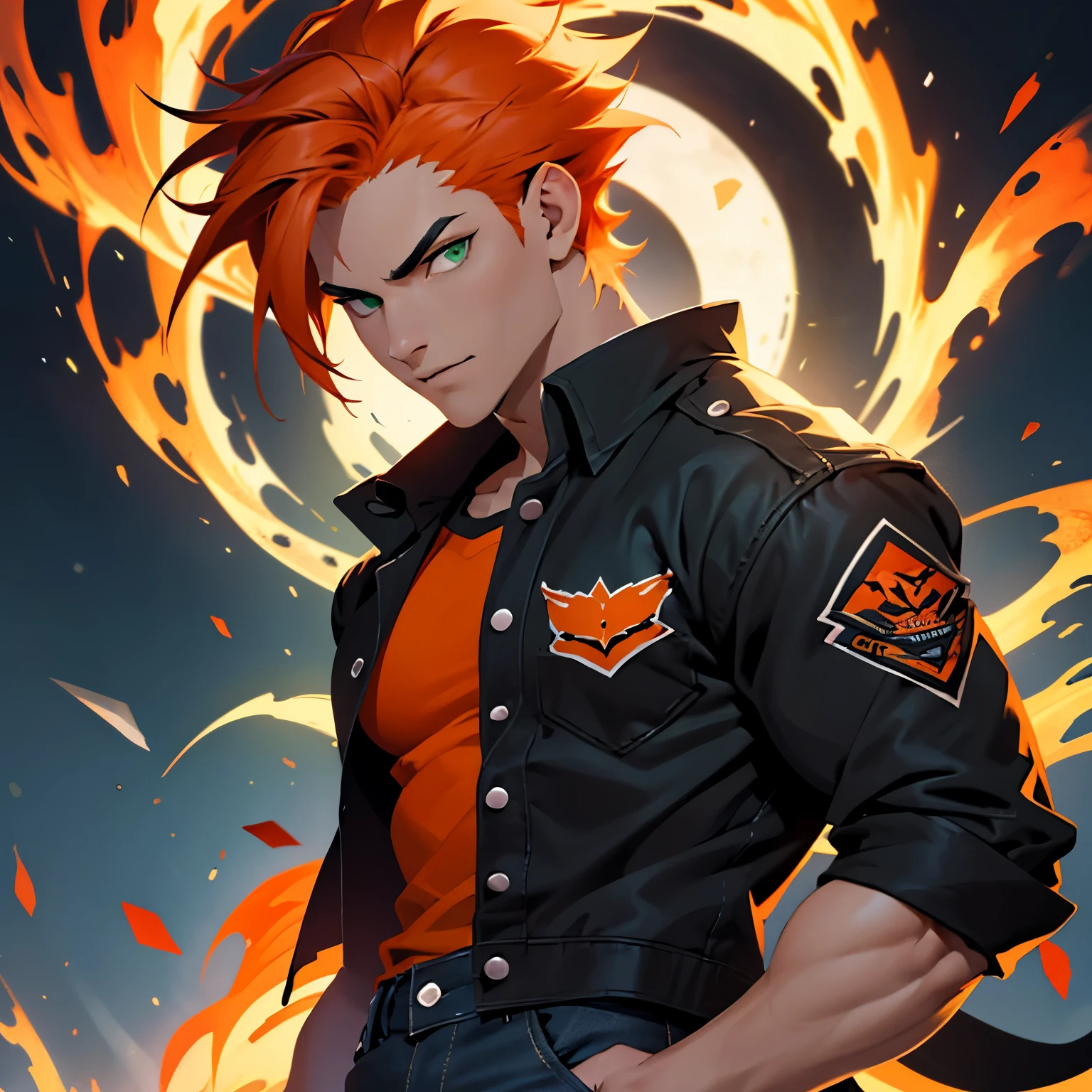 make a fox man with green eyes and the left half of his hair is orange and the right half of his hair is black and there are a few strands of orange hair in the black part of his hair, and he wears a long-necked, pitch black shirt and wears a short jean jacket with rolled up sleeves and long jeans and sneakers, and muscle body