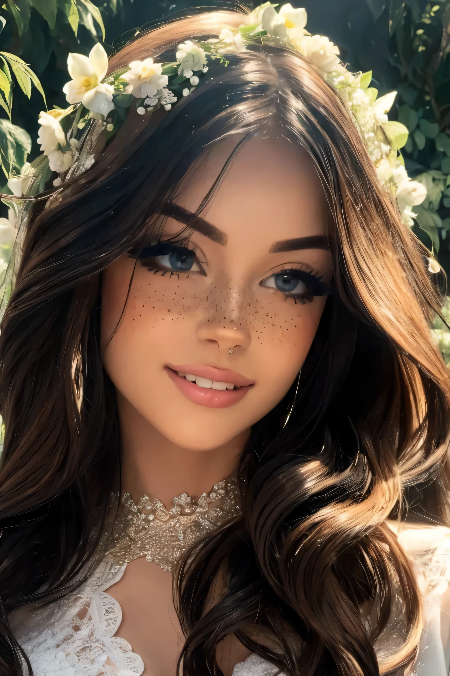 (high quality,4k,8k,highres,masterpiece:1.2),beautiful detailed eyes,beautiful detailed lips,extremely detailed eyes and face,longeyelashes,(portrait:1.1),gorgeous,smiling,stylish,ethereal,enchanted,fantasy,floral,dreamy,beautiful garden setting,soft sunlight,romantic atmosphere,whimsical,immaculate flowing hair,vibrant colors,feminine,posh dressing,loving gaze,delicate features,gentle,graceful,happiness,[freckles],charming,wonderful,carefree,perfect skin complexion,divine presence