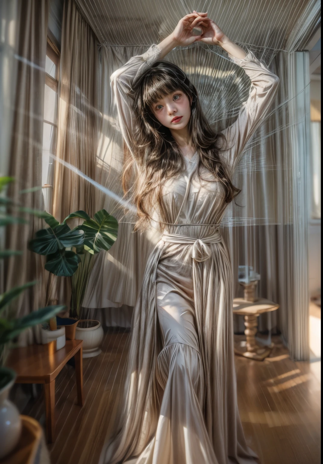 masterpiece、8K、32K、highest quality、(Detailed both eyes)、(cute japanese woman、bangs:1.3)、23 years old、1 girl、elegant、black hair、(photograph、GoPro:1.4)、(huge :1.2)、(Touching hair:1.5)、sit