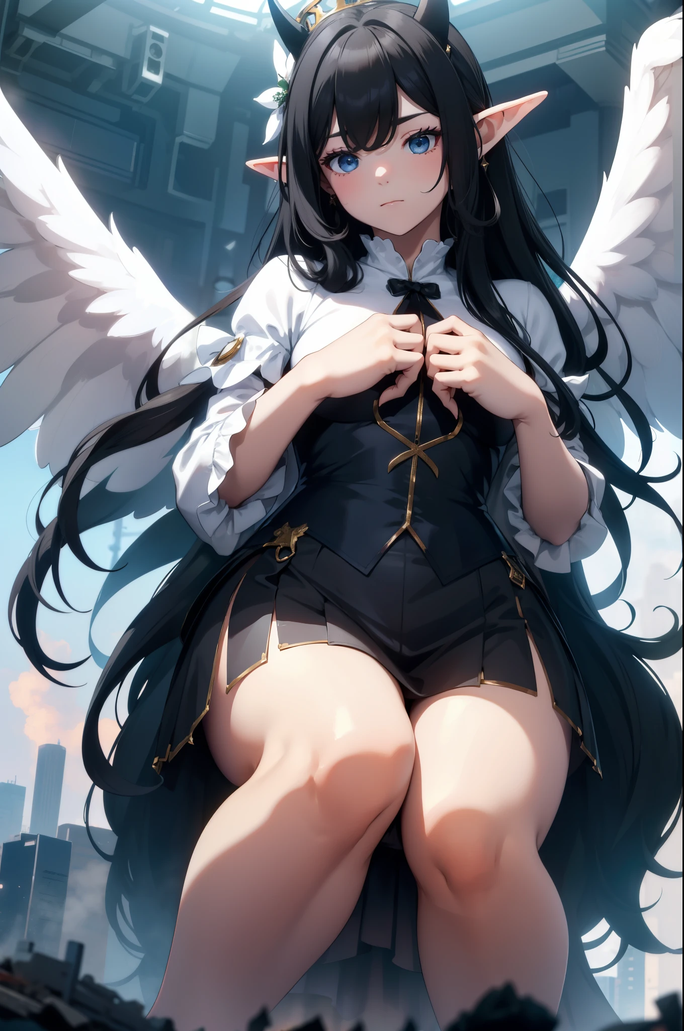giant girl 50,000 feet high，Weight 1000kg，Has a pair of long legs，Open your eyes wide，Has three pairs of huge white angel wings，With huge devil horns on his head，crown on head，Elf wearing white earrings，She has long black hair that reaches her feet，loose hair，Black wavy long curly hair，Wearing a pair of black boots，White sleeves，white skirt，Skirt with bow and star decorations，Destroying a small city，Beautiful appearance，Exquisite makeup，quality，8k，高quality，Perfect proportion, Cinema lighting，film grain，Fuji colors，8k，textured skin，Super details，high detail，high resolution，Domineering，Strong，charming，blood stains，脚底有blood stains，whole body，Obese，elf princess，feather，flowers