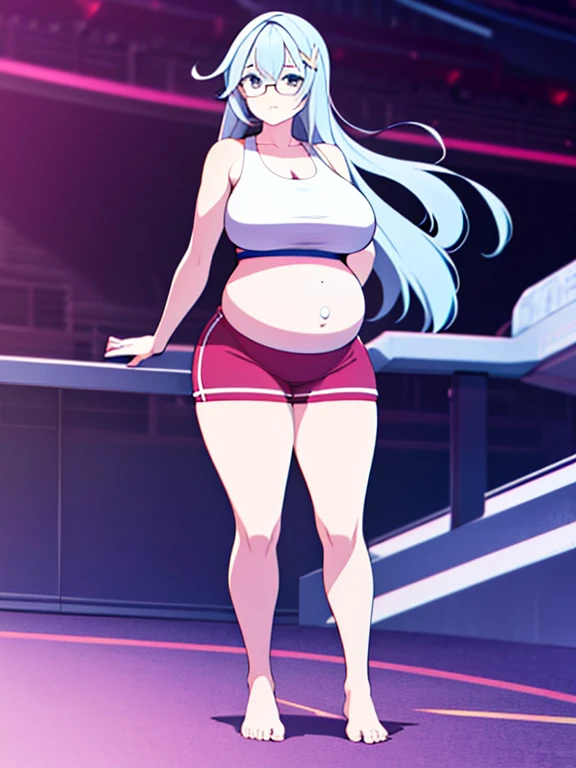 (Very high quality, detailed) A full body image of a pregnant girl wearing a sports bra, very thight shorts and glasses, she's standing barefoot and has very big breasts, long hair and a pretty thick body