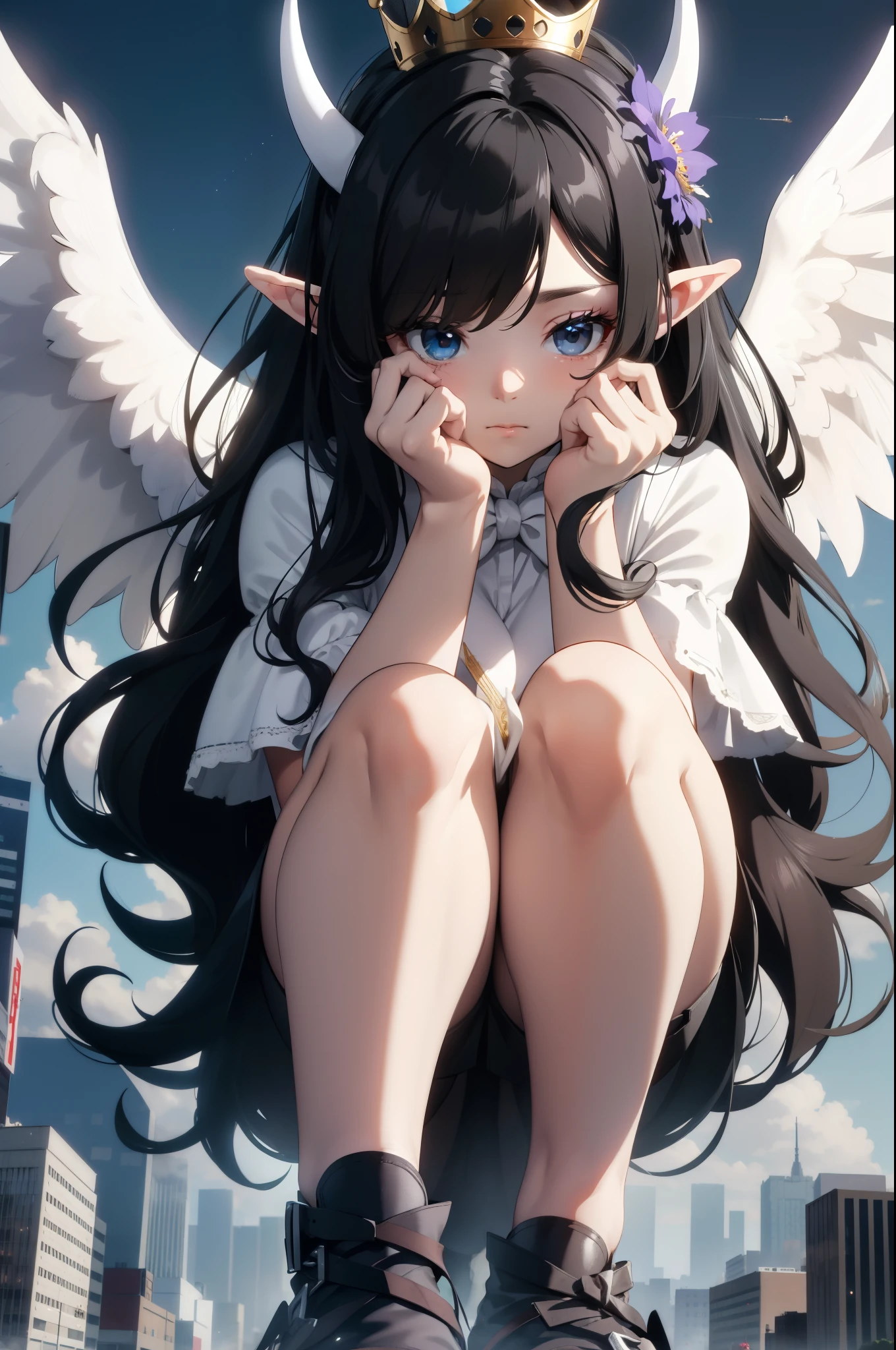 giant girl 50,000 feet high,Weight 1000kg,Has a pair of long legs,Open your eyes wide,Has three pairs of huge white angel wings,With huge devil horns on his head,crown on head,Elf wearing white earrings,She has long black hair that reaches her feet,loose hair,Black wavy long curly hair,Wearing a pair of black boots,White sleeves,white skirt,Skirt with bow and star decorations,Destroying a small city,Beautiful appearance,Exquisite makeup,quality,8k,高quality,Perfect proportion, Cinema lighting,film grain,Fuji colors,8k,textured skin,Super details,high detail,high resolution,Domineering,Strong,charming,blood stains,脚底有blood stains,whole body,Obese,elf princess,feather,flowers