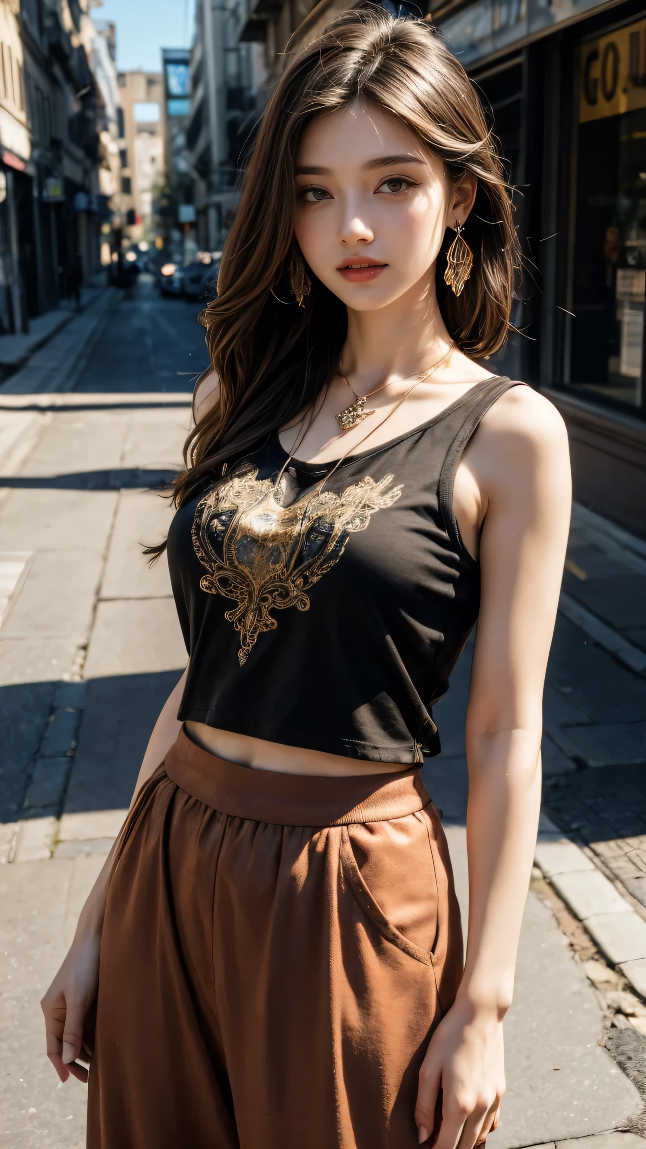 official art, unity 8k wallpaper, Super detailed, beautiful and aesthetic, masterpiece, highest quality, realistic, 20 years, beautiful girl,
( He wears a T-shirt with intricate art deco embroidery., art deco palazzo pants, giant art deco necklace, art deco earrings. ),
In front of an art deco shop in a European alley, (Pose the model)