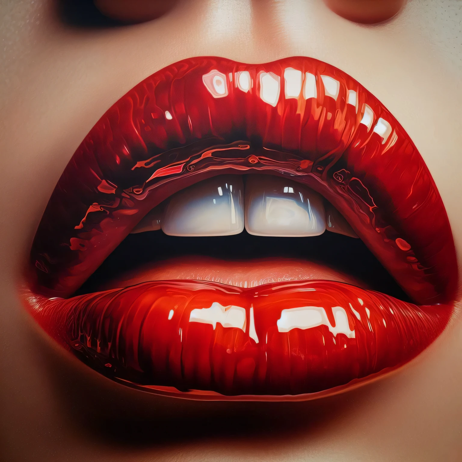 painting of a red lip with a big bite coming out of it, sensual lips, boca vermelha, delicious lips, big Red lips, Glossy lips, Nestor Canavarro hiper-realista, thick lips, labios grandes, boca realista, Red lips, boca detalhada, pintura ultra realista, Ultra - pintura realista, pintura hiper-realista, thick Red lips, arte hiper-realista